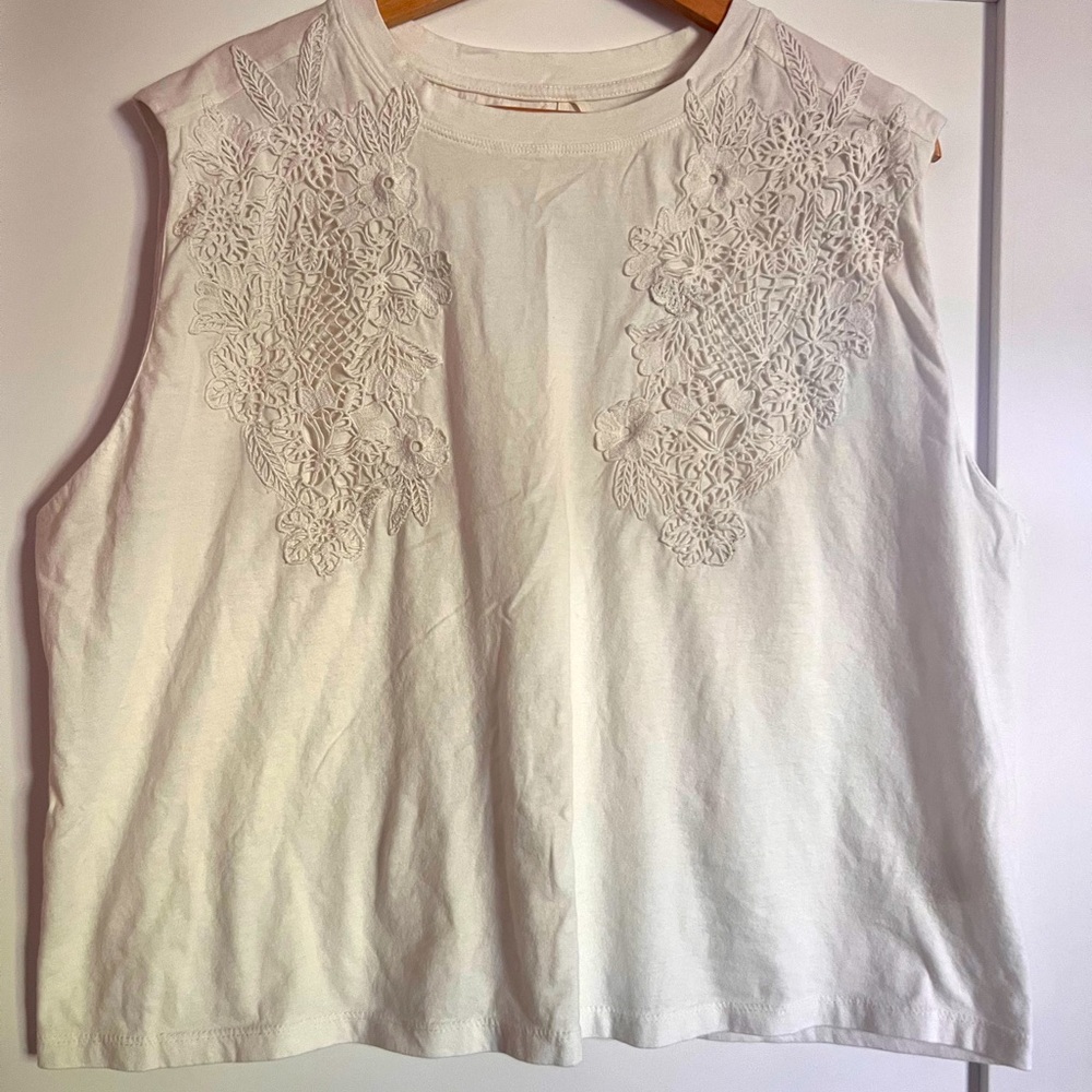 Anthropologie Lace Appliqué Muscle Tee, Ivory, Size 1XL